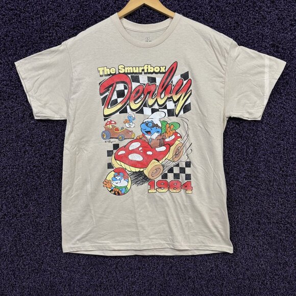 The Smurfbox Derby 1984 Racing The Smurfs Cartoon T-Shirt L - Picture 1 of 4